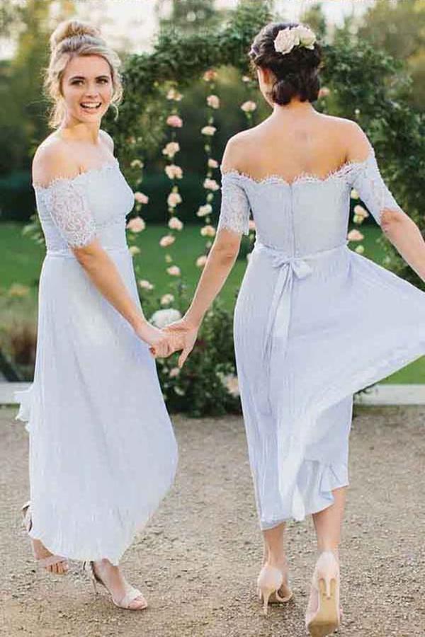 Lace A-line off shoulder pleated chiffon bridesmaid dress