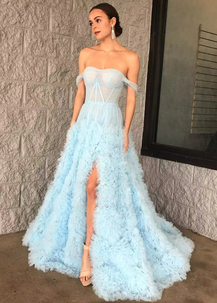 Sexy A-line Off Shoulder Perspective Tulle Prince Ball Dress Split