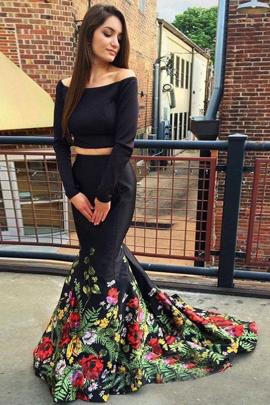 Elegant one shoulder long sleeved satin floral strapless long ball dress