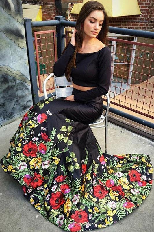 Elegant one shoulder long sleeved satin floral strapless long ball dress