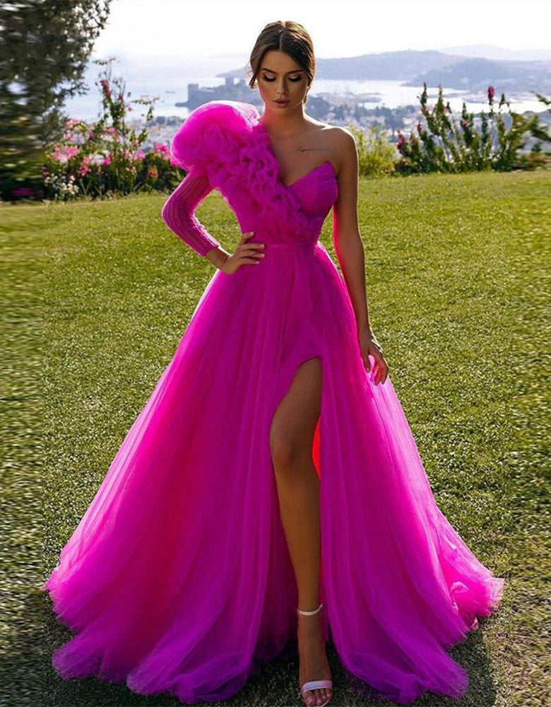 Elegant One Shoulder Long Sleeve Split Ball Dress
