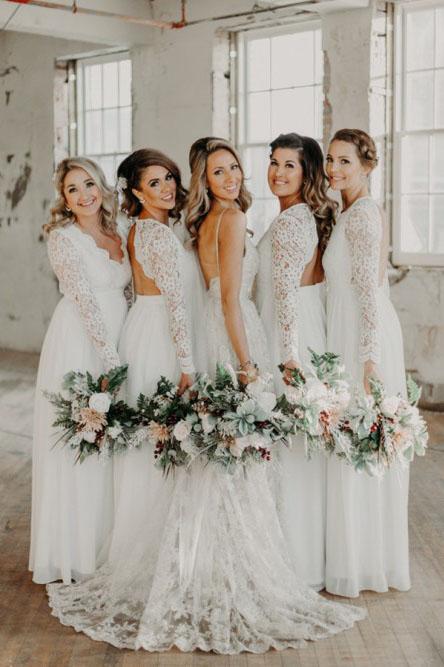 Lace A-line open front long sleeved chiffon long wedding bridesmaid dress