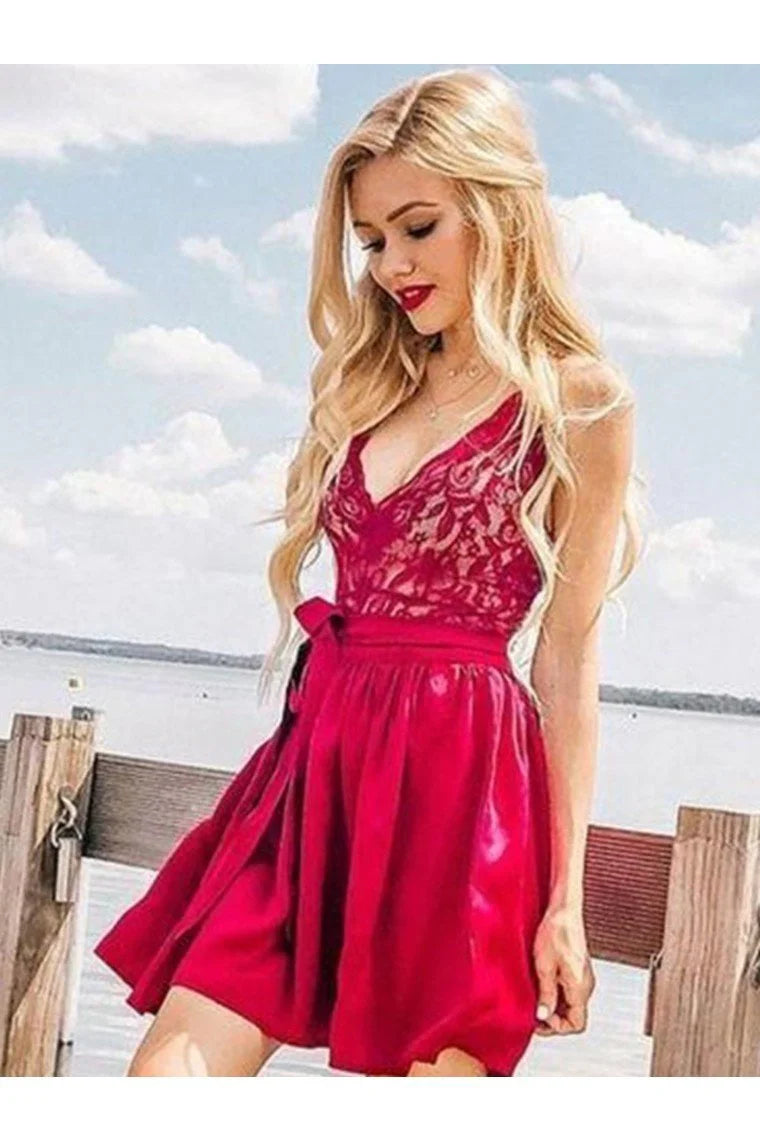 A-line Princess Satin Lace V-neck Sleeveless Short Mini Back to School Ball Party Dress