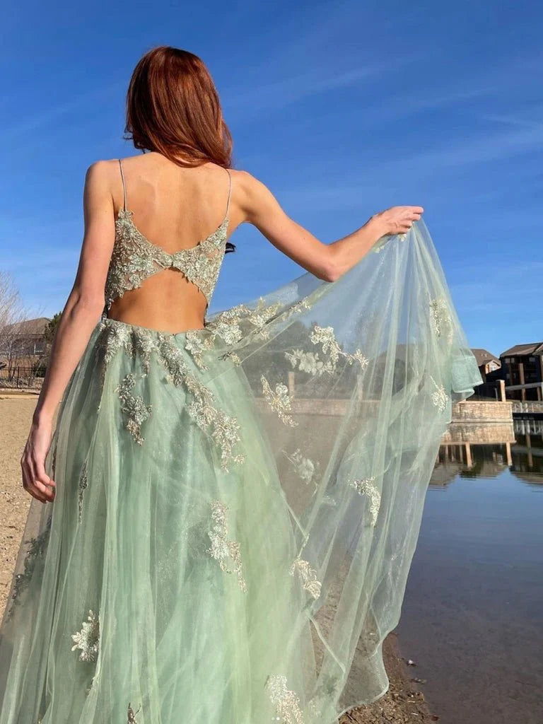 A-line Princess V-neck Floor Sweeping Tulle Sleeveless Applique Dress