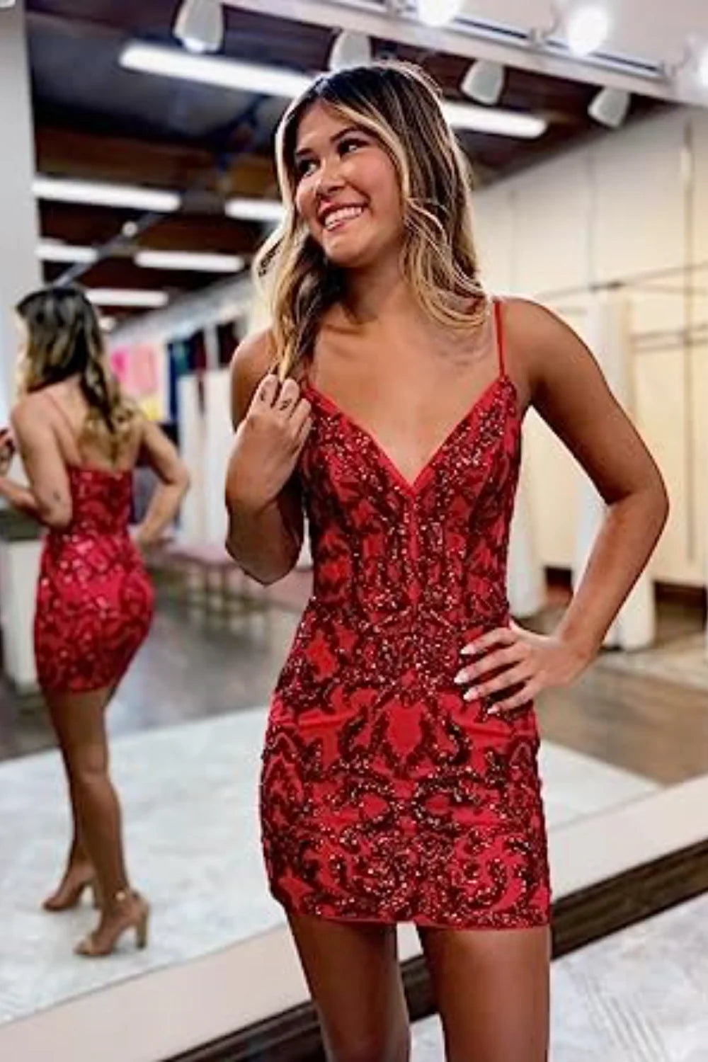 Red Elegant V-neck Sequin Italian Noodle Strap Back to School Dress