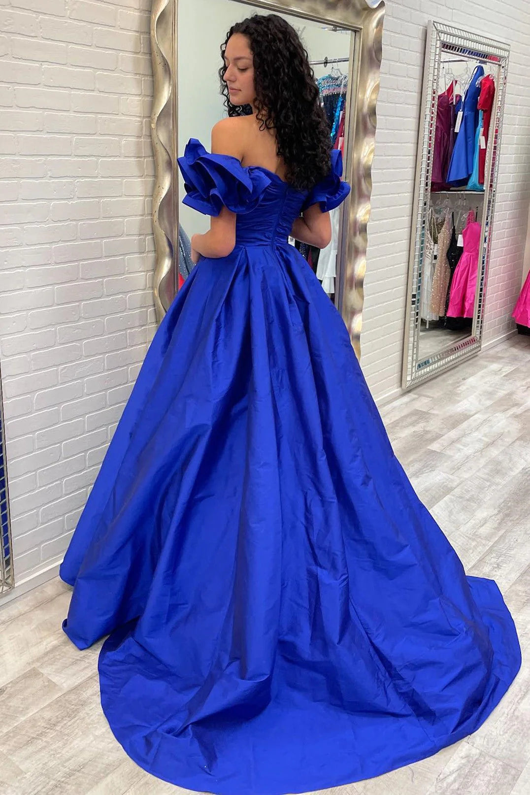 A-line Royal Blue Sexy Off Shoulder Ruffle Edge Sleeves Formal Dress