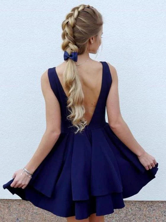 Premium color V-neck over knee V-back short cute mini homecoming dance dress