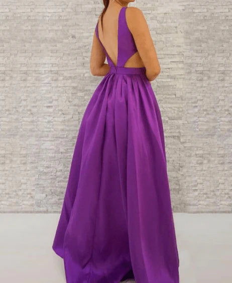 A-line satin floor mop V-neck backless pocket long ball dress