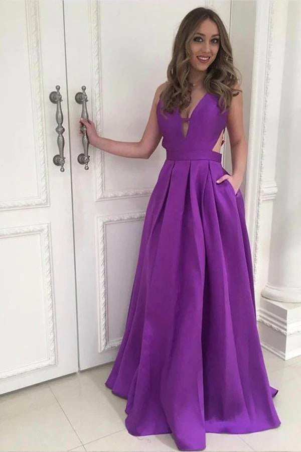 A-line satin floor mop V-neck backless pocket long ball dress