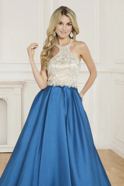 A-line satin dome dress with beaded trailing skirt