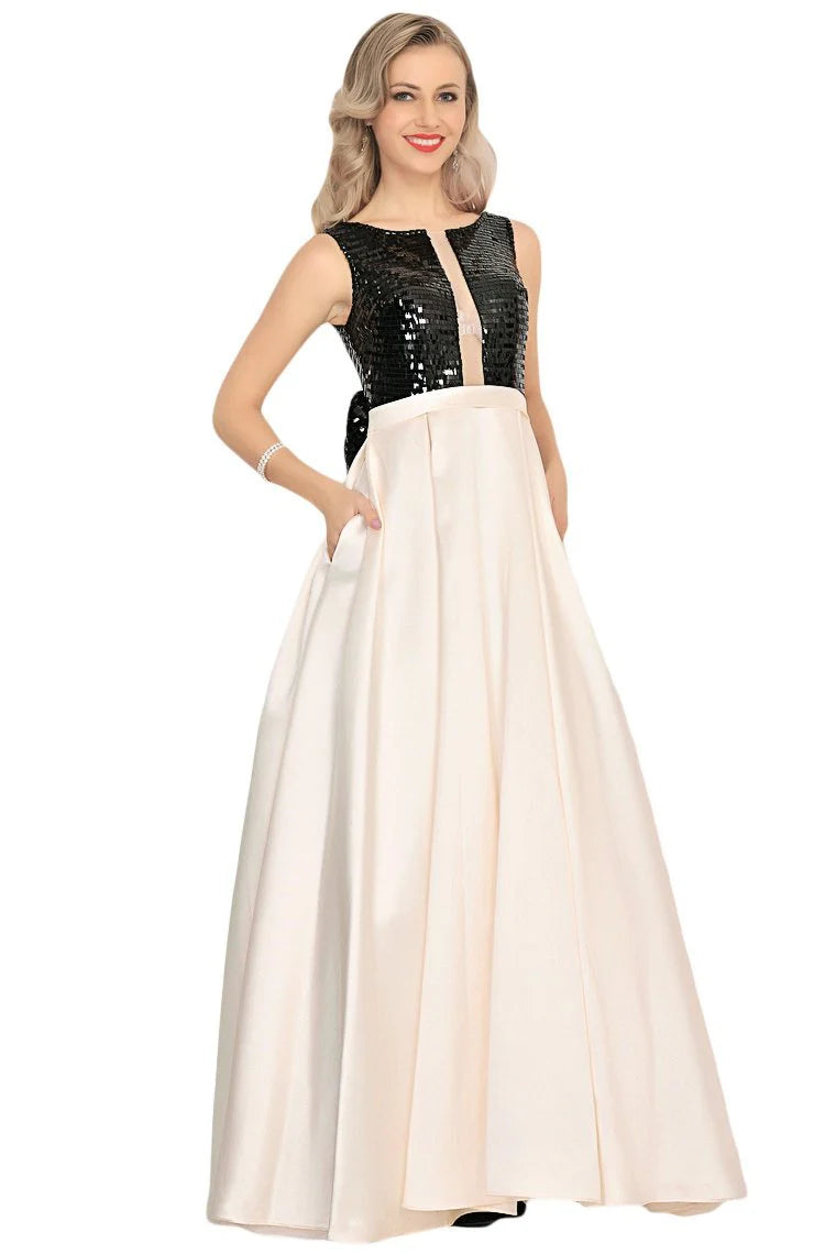 Embedding sequin bow A-line curved satin formal dress and floor length skirt