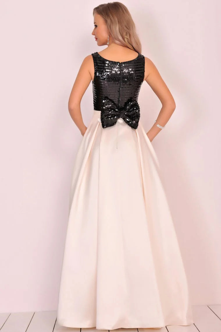 Embedding sequin bow A-line curved satin formal dress and floor length skirt