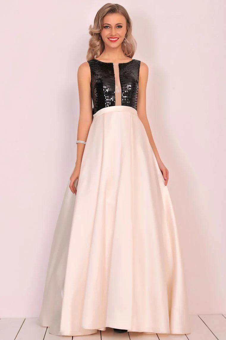 Embedding sequin bow A-line curved satin formal dress and floor length skirt