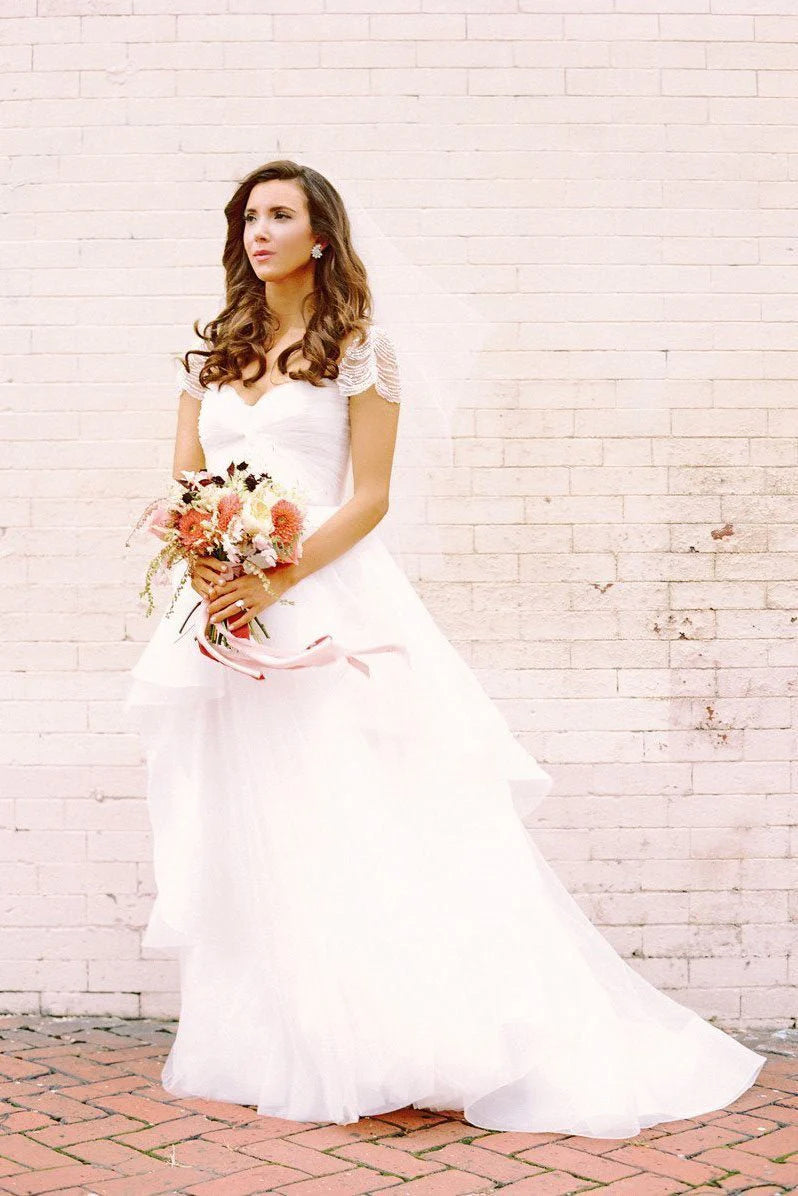 A-line short sleeved long ivory white sheer sweet pearl cute backless wedding dress
