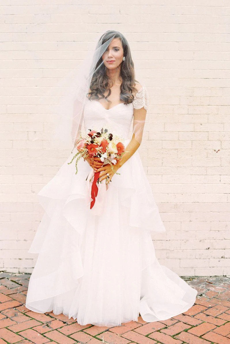 A-line short sleeved long ivory white sheer sweet pearl cute backless wedding dress