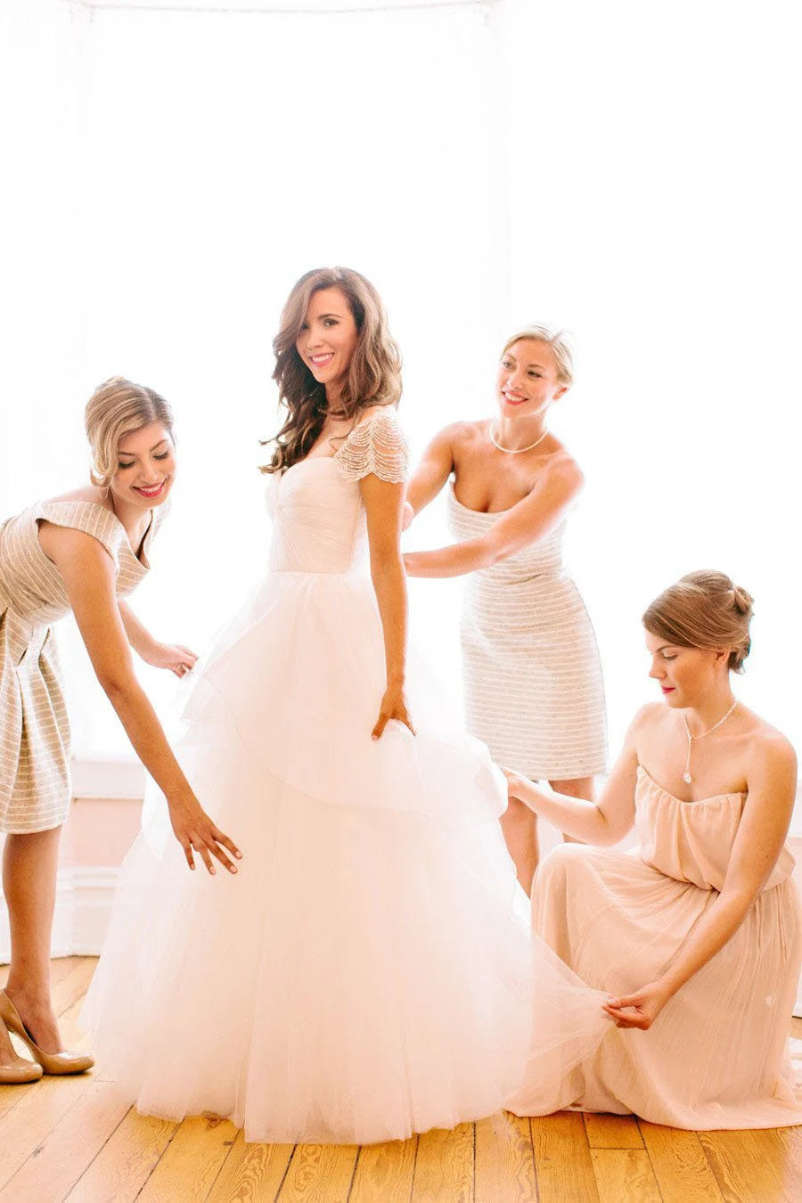 A-line short sleeved long ivory white sheer sweet pearl cute backless wedding dress