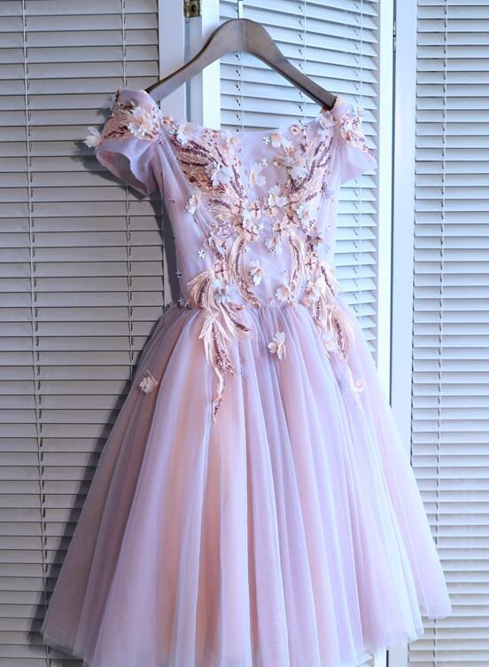 A-line short sleeved pink sheer decal knee length return to school party cocktail dress