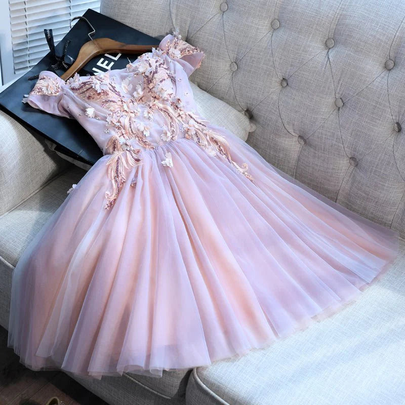 A-line short sleeved pink sheer decal knee length return to school party cocktail dress