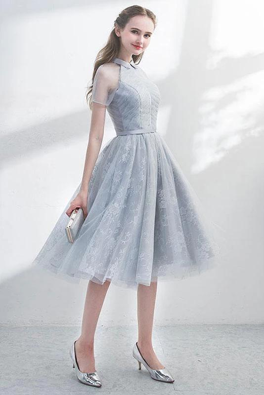 A-line short sleeve tulle backless encore with lace cute short cocktail dress