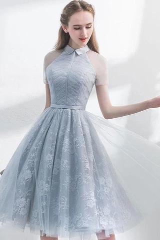 A-line short sleeve tulle backless encore with lace cute short cocktail dress