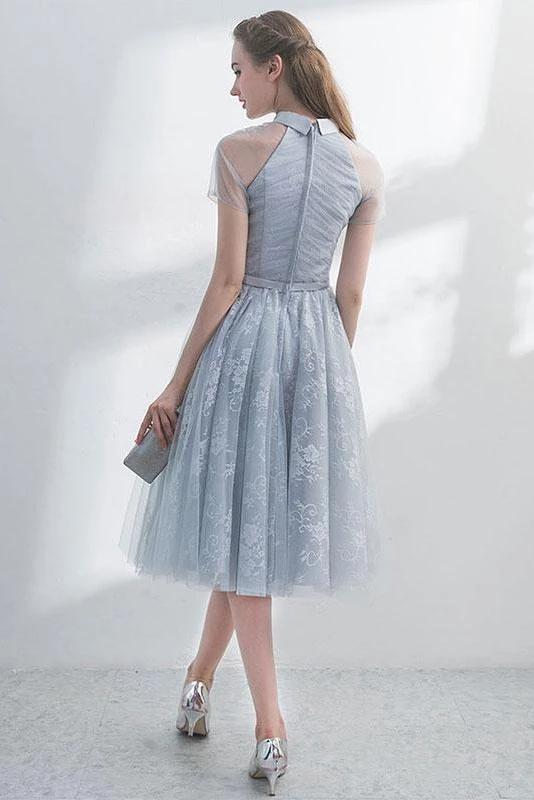 A-line short sleeve tulle backless encore with lace cute short cocktail dress