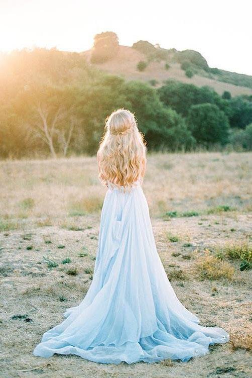 A-line Sky Blue Country Chiffon Deep V-neck Split Beach Wedding Dress