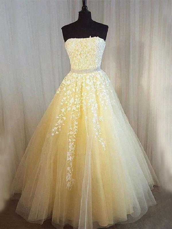 A-line sexy strapless lace bead pocket floor mop ball dress