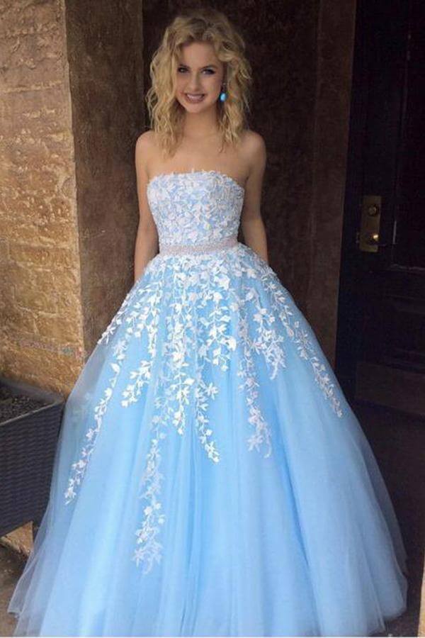 A-line sexy strapless lace bead pocket floor mop ball dress