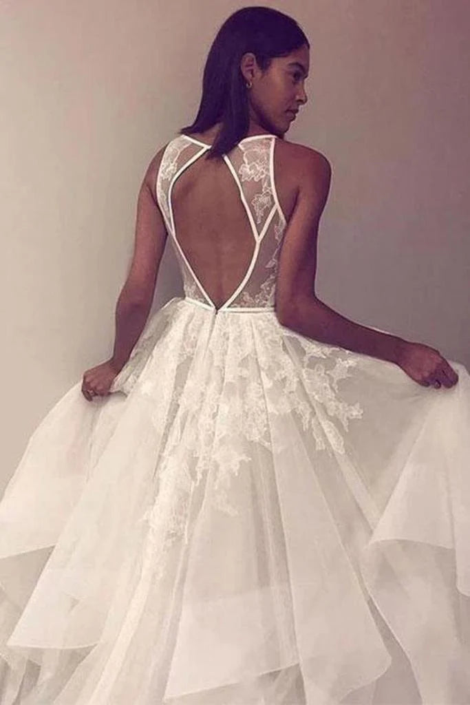 A-line sleeveless sheer beach floral wedding ball dress