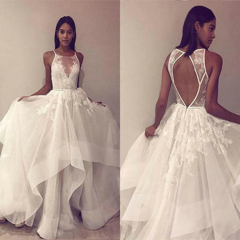 A-line sleeveless thin gauze beach wedding dress with decorative edge ball dress
