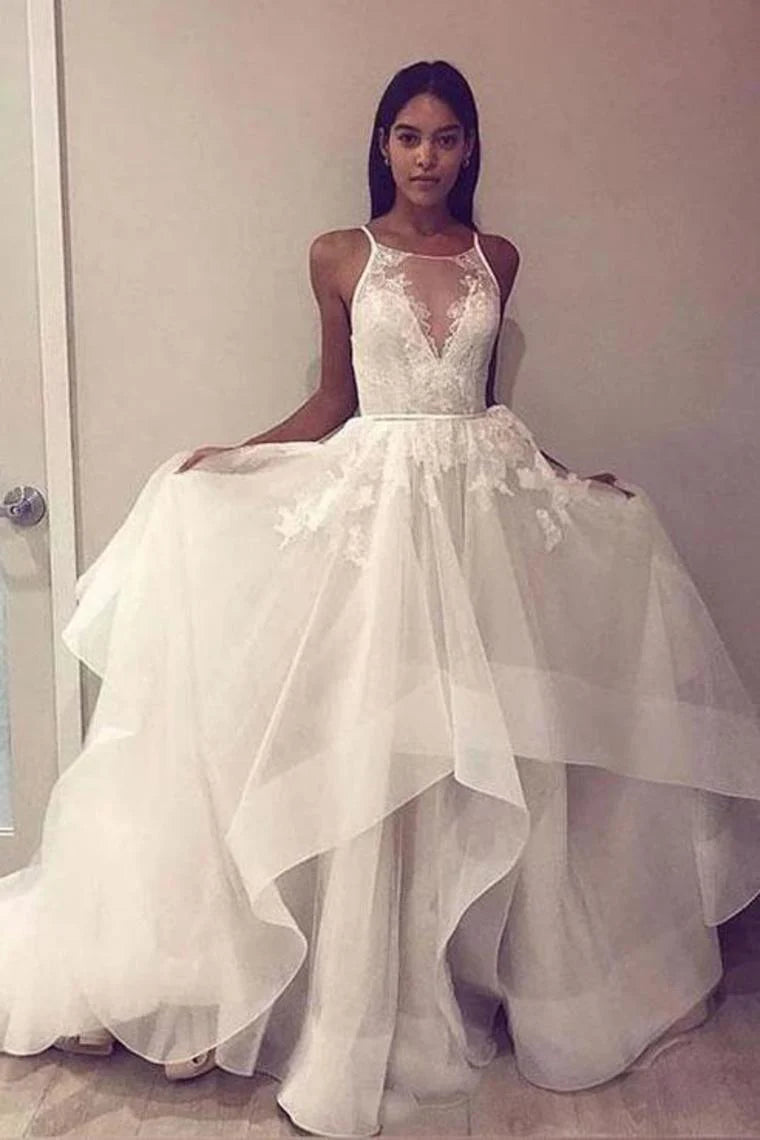 A-line sleeveless sheer beach floral wedding ball dress