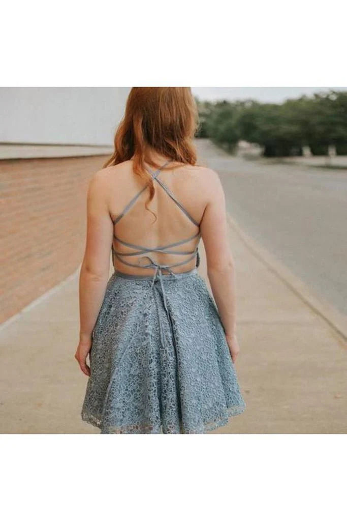 A-line Italian Noodle Strap Open Back Blue Lace Back to School Party Cocktail Ball Dress