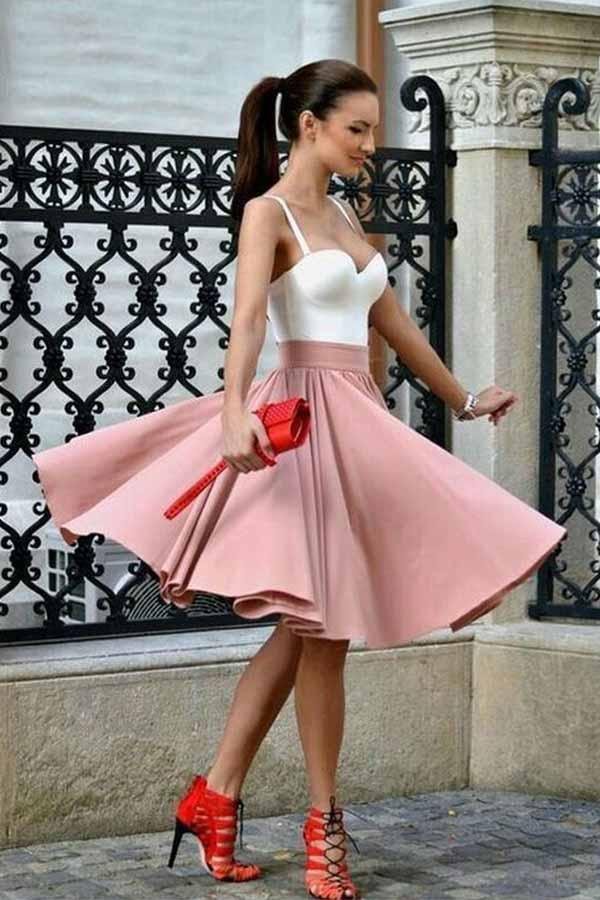 Spaghetti straps sweetheart powder blusher pink pleated short homecoming dress
