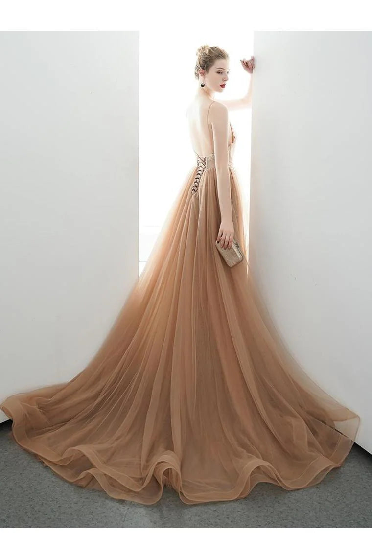 A-line Italian spaghetti strap sheer long ball dress formal evening dress