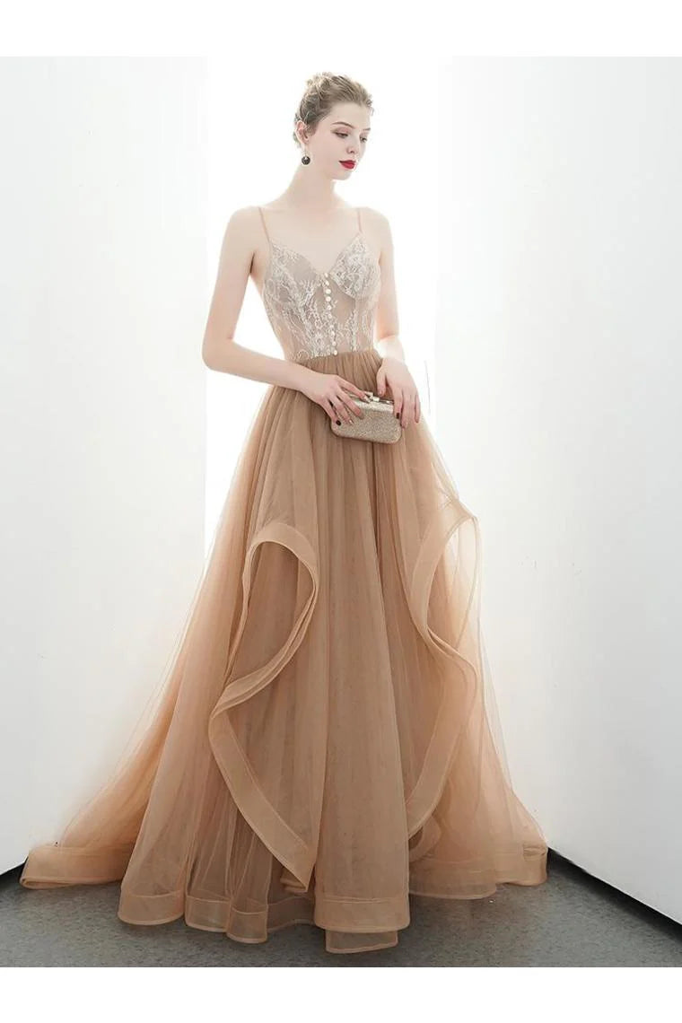 A-line Italian spaghetti strap sheer long ball dress formal evening dress