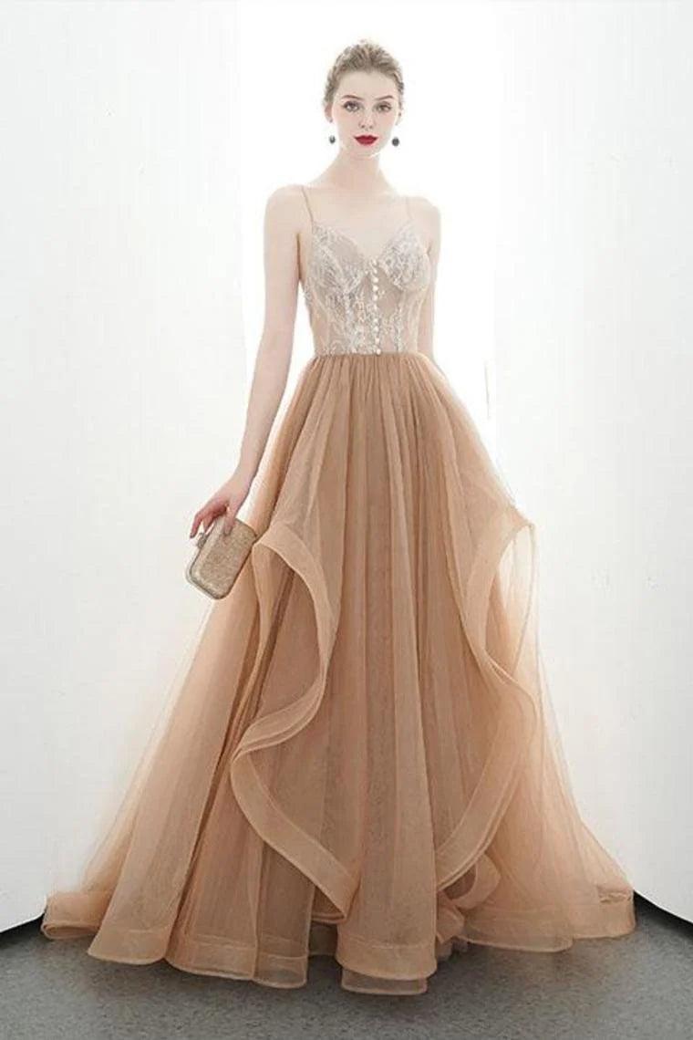 A-line Italian spaghetti strap sheer long ball dress formal evening dress
