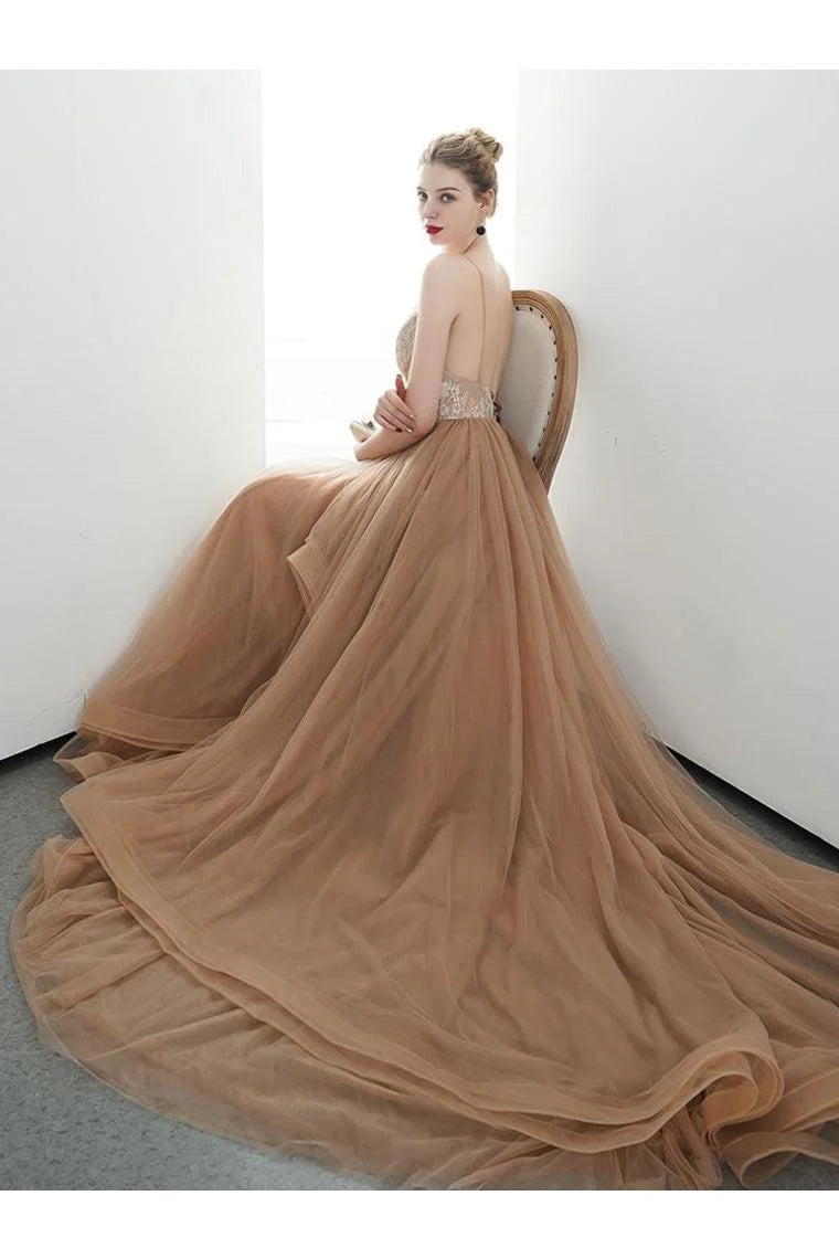 A-line Italian spaghetti strap sheer long ball dress formal evening dress