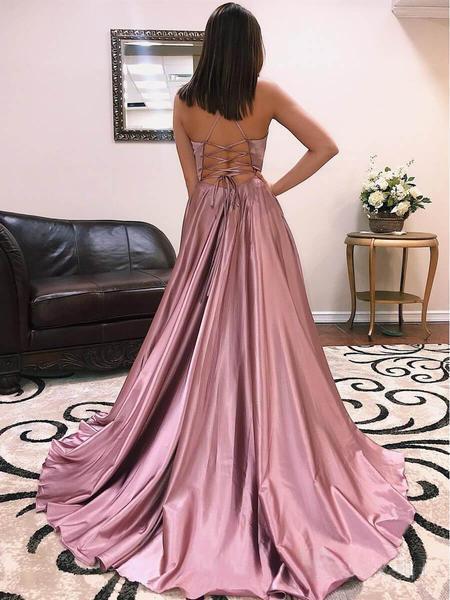 Italian Noodle Strap V-Neck Satin Lace High Split Ball Dress Long Evening Dress