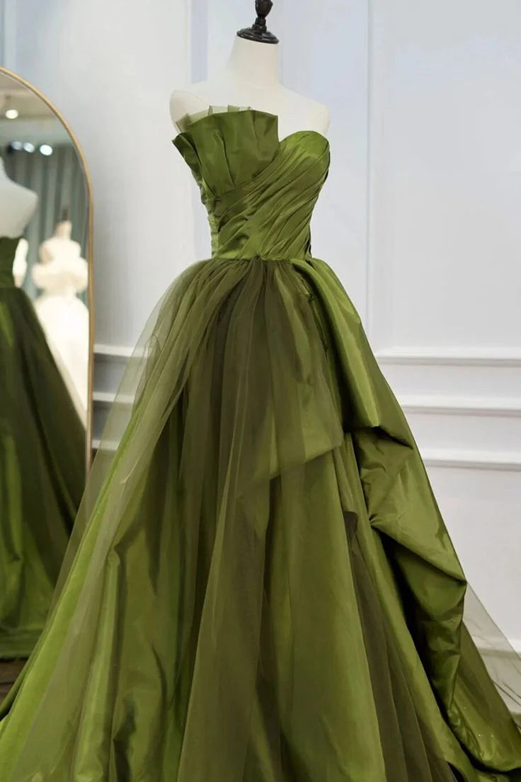 A-line sexy off the shoulder haute couture satin tulle sweep ball gown