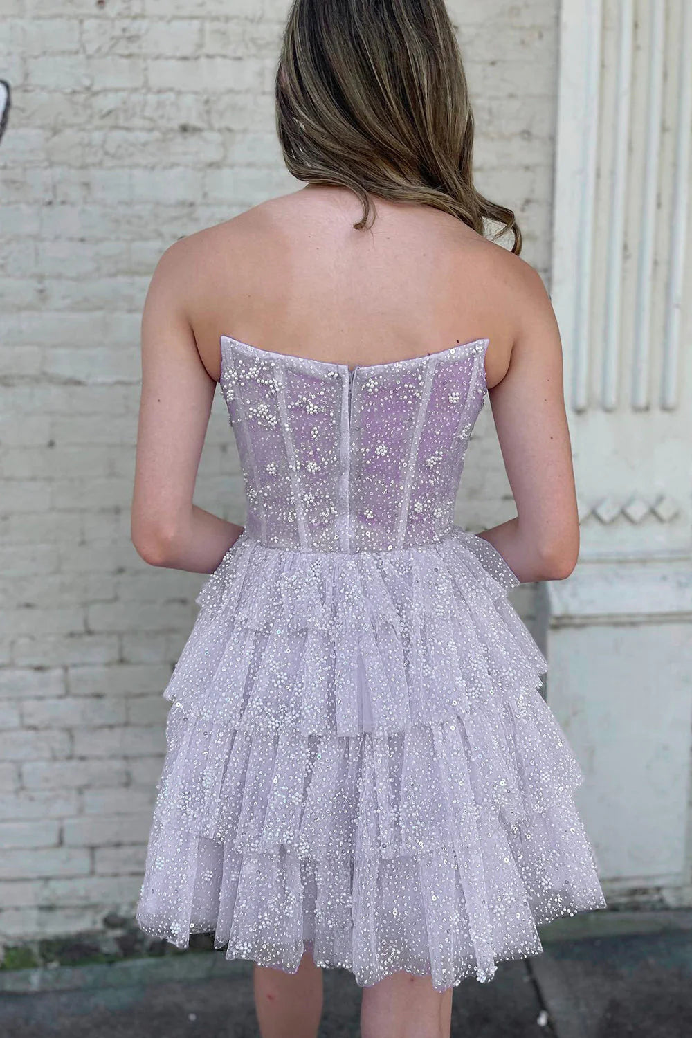 A-line Off Shoulder Short Mini Tulle Layered Ruffle Edge Back to School Party Dress