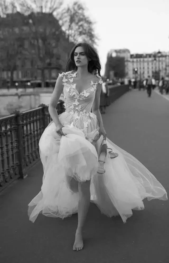 A-line sheer backless butterfly sleeveless wedding dress long ball dress