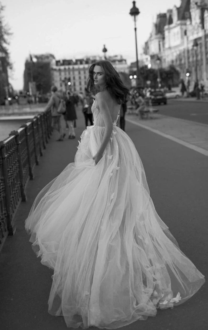 A-line sheer backless butterfly sleeveless wedding dress long ball dress