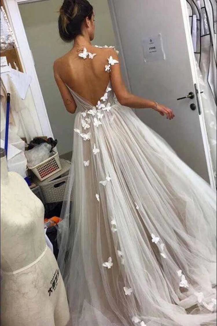 A-line sheer backless butterfly sleeveless wedding dress long ball dress