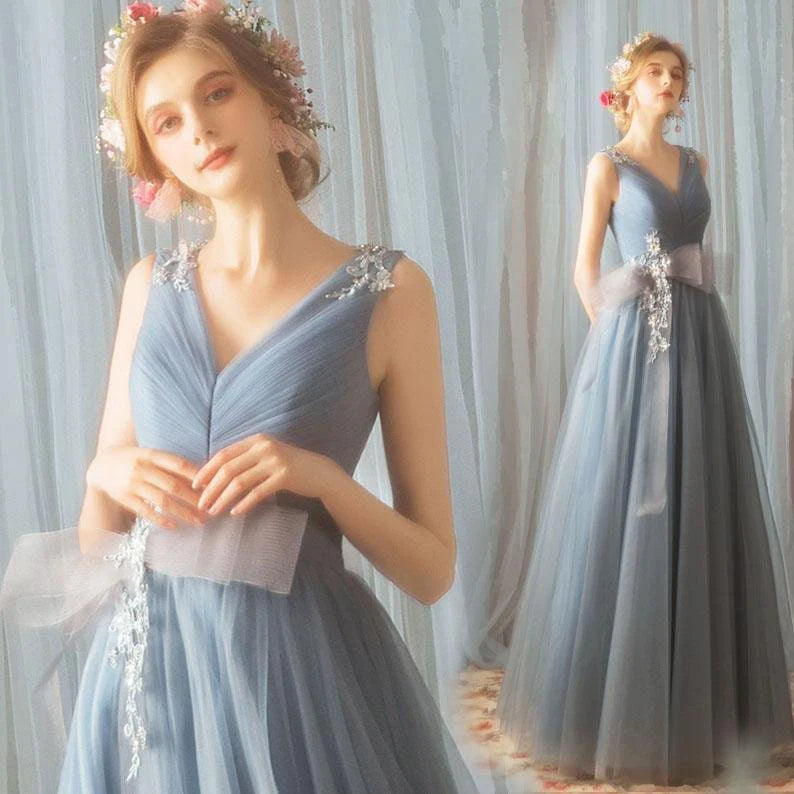 A-line sheer V-neck ruffled ball dress long evening dress