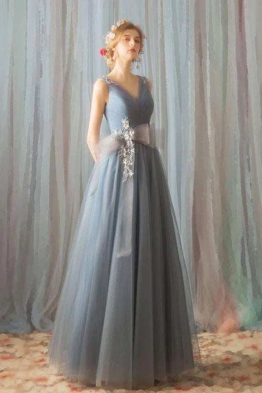 A-line sheer V-neck ruffled ball dress long evening dress