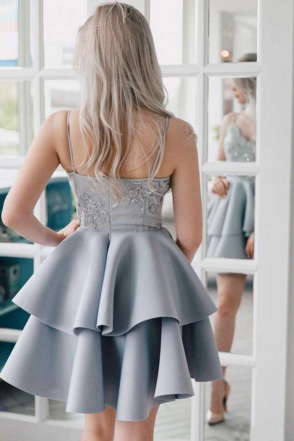 V-neck backless satin beaded gray thin shoulder strap lace back-to-school party dress