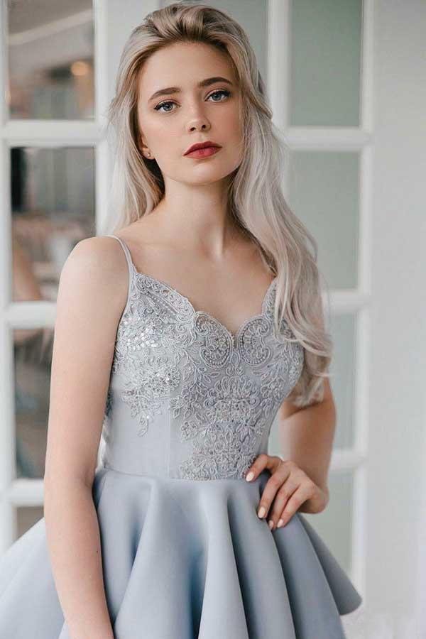 V-neck backless satin beaded gray thin shoulder strap lace back-to-school party dress
