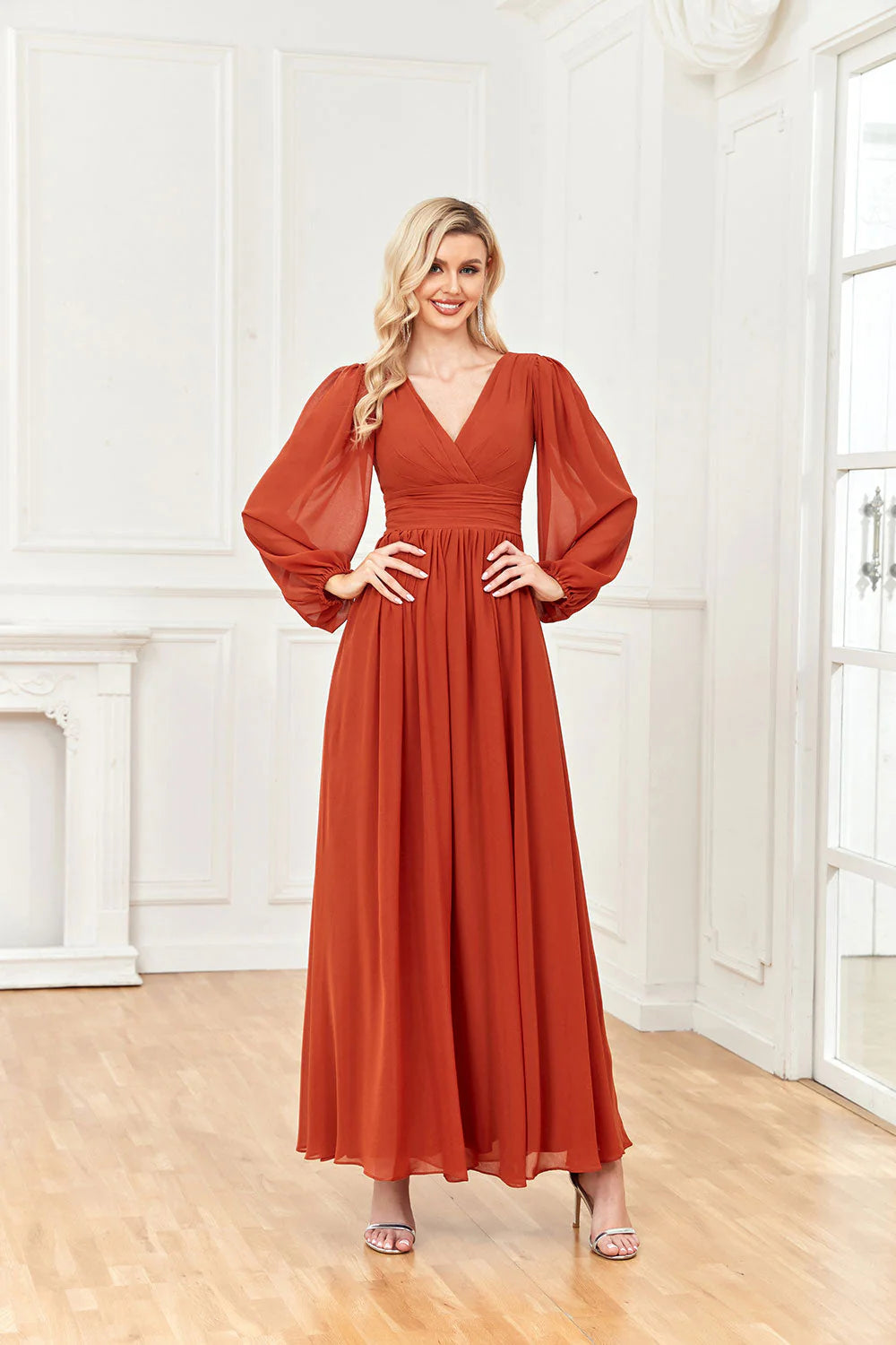 V-neck long sleeved chiffon ruffled formal ball and cocktail dress