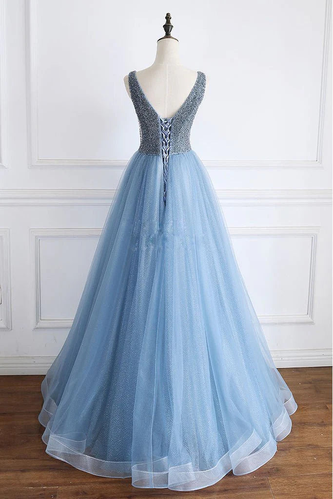 V-neck pink blue V-strap beaded ball dress evening dress