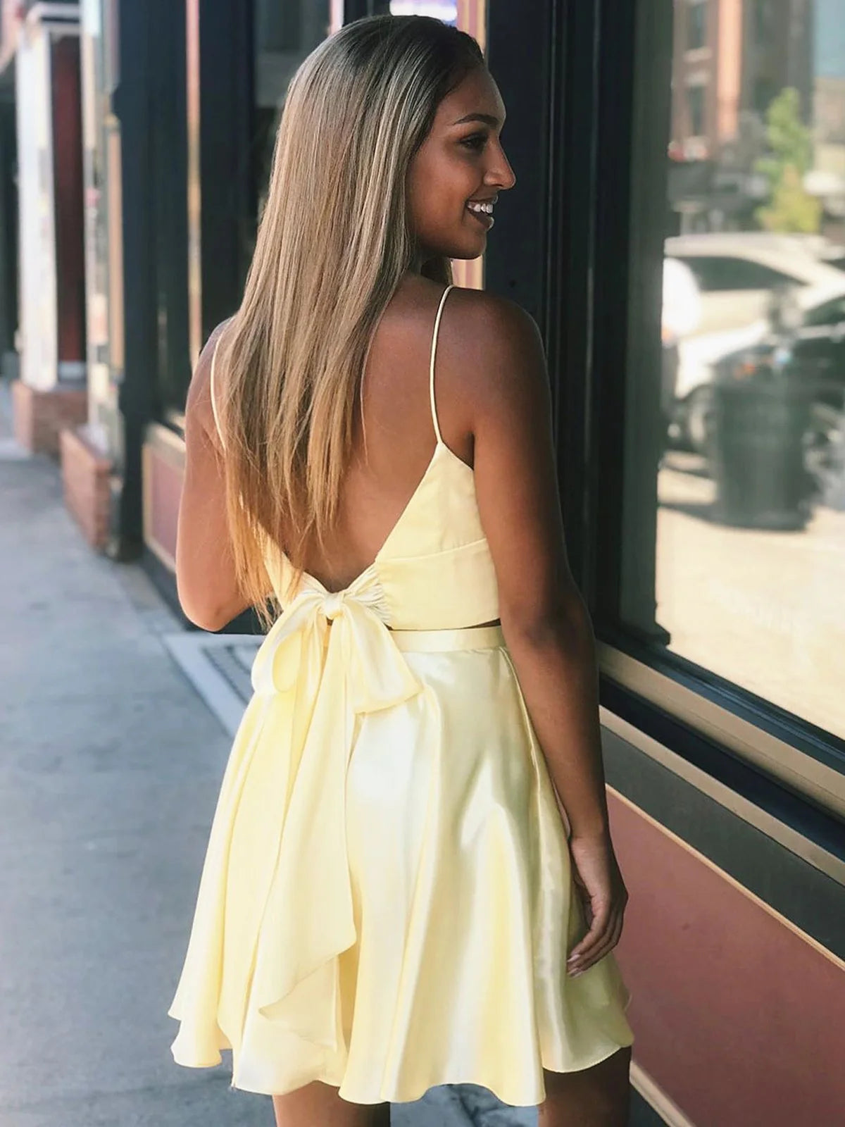 A-line V-neck satin two-piece Italian spaghetti strap back-to-school party short dress